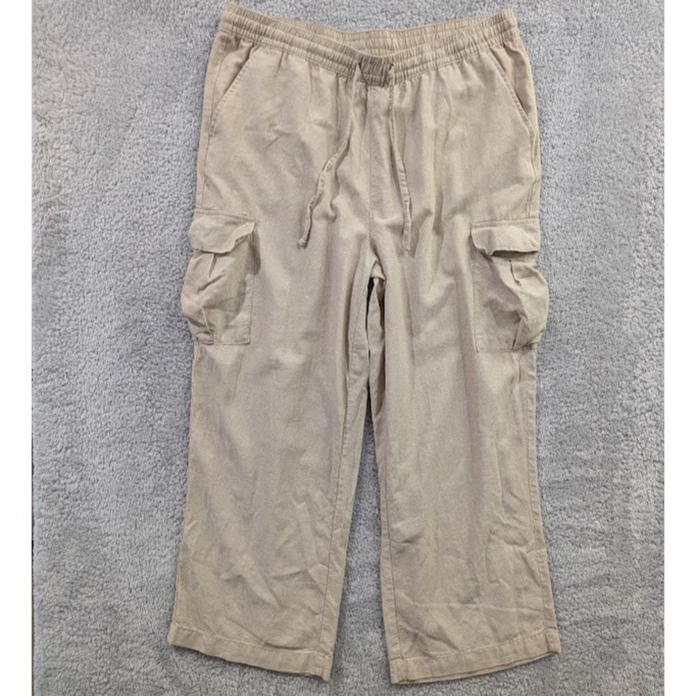 Serra Cargo Pants Women's Large Beige Linen Blend Drawstring Ankle‎ Trousers
